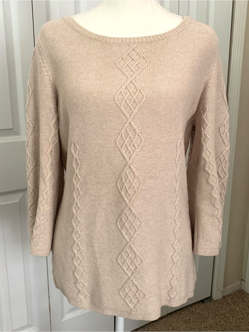 Soft Surroundings Sweater Cable Knit Silk Cashmere Neutral Beige Minimalist PM